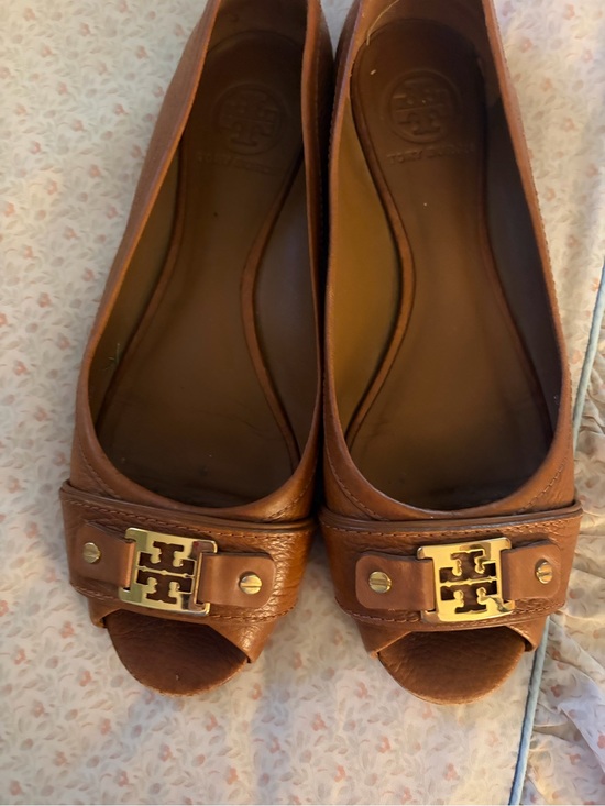 Tory Burch Shoes - Tory Burch Cognac Leather Peep-Toe Flats with Gold Logo